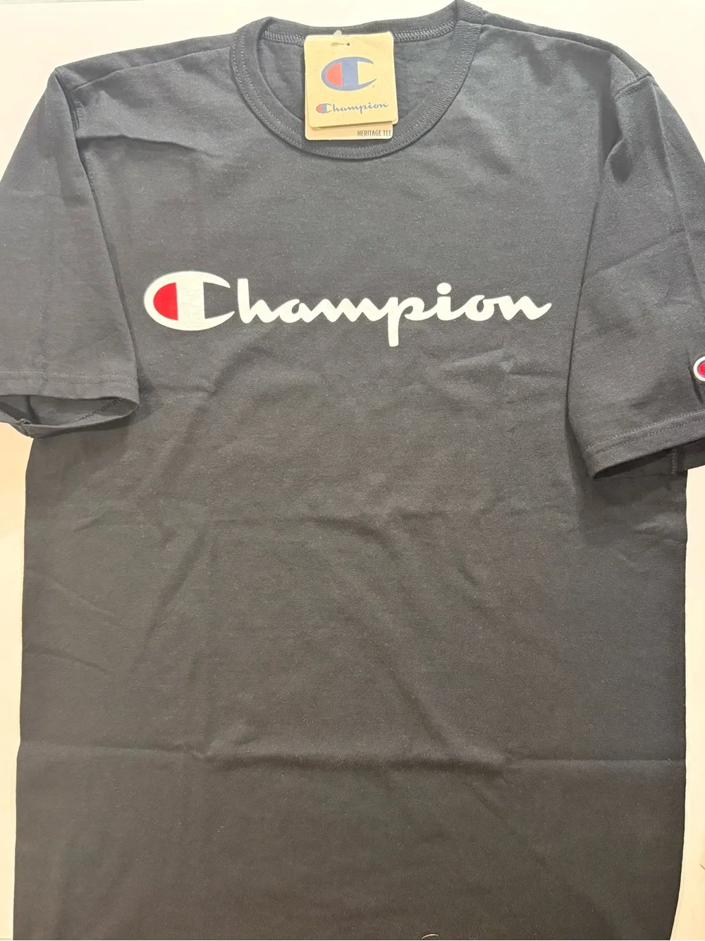 Champion Black T-Shirt with Blue & Red Logo Tag - Picture 1 of 4